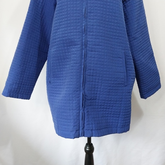 Woman Within Blue Dark Hooded Zip Up Drawstring Checkered 3/4 Sleeve Jacket M - Picture 4 of 12